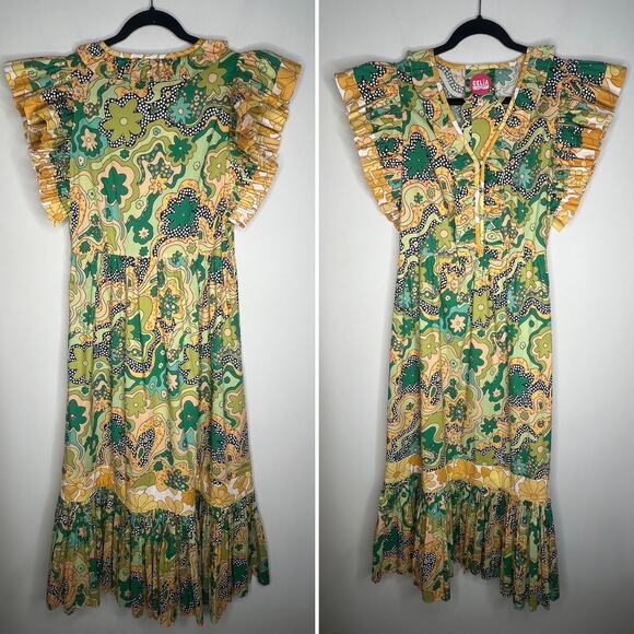 Celia B Green Floral Sunflower Ruffle Midi Dress Size Medium - Picture 3 of 11